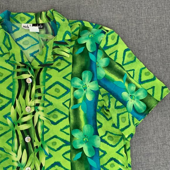 Michele Michelle vintage Green Button Down Shirt Size 14 Floral Top retro‎ - Picture 2 of 9